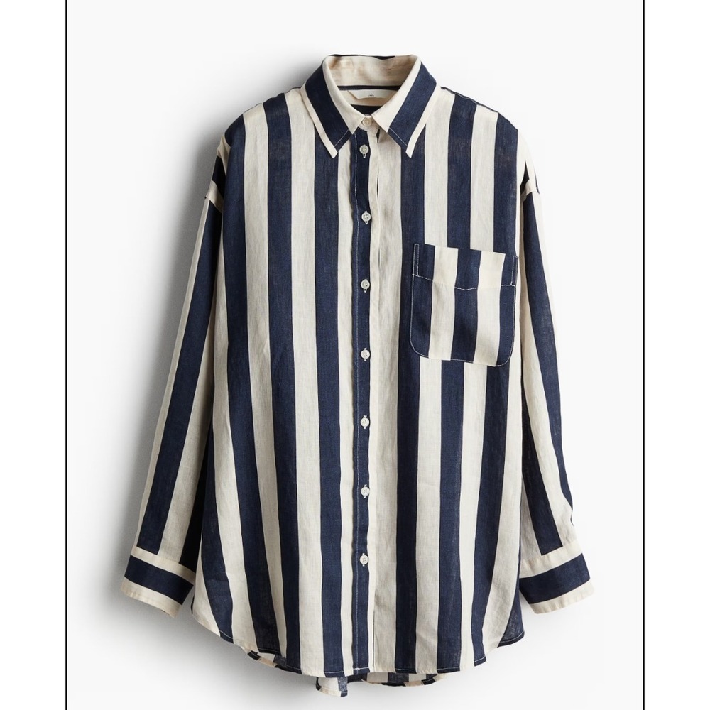H&M Linen Button Up Women M Navy Blue White Striped Oversized Long Sleeve Shirt